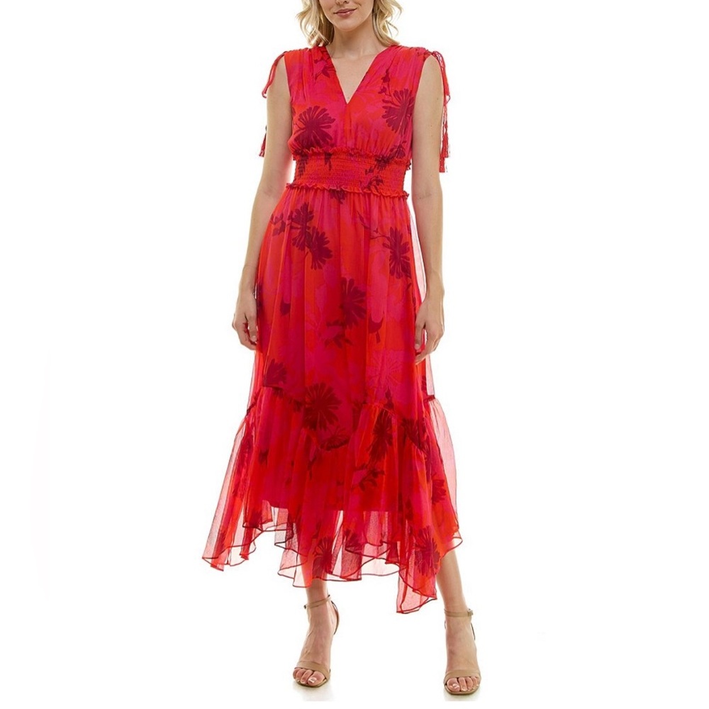 Women’s Midi Red Floral Sleeveless Flowy Midi Dress Size 6